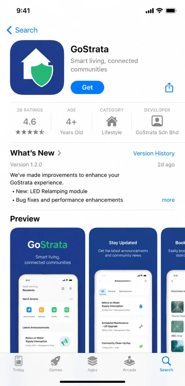 Halaman Go Strata di Play Store atau App Store, atau ikon aplikasi pada skrin utama telefon.