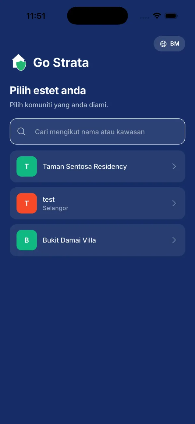 Skrin Pilih estet anda dengan ruang carian dan senarai kad estet.