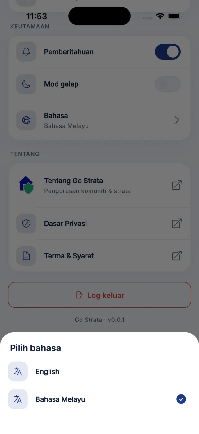 Dialog pilihan bahasa dari tab Profil, dengan pilihan Bahasa Melayu dan English.