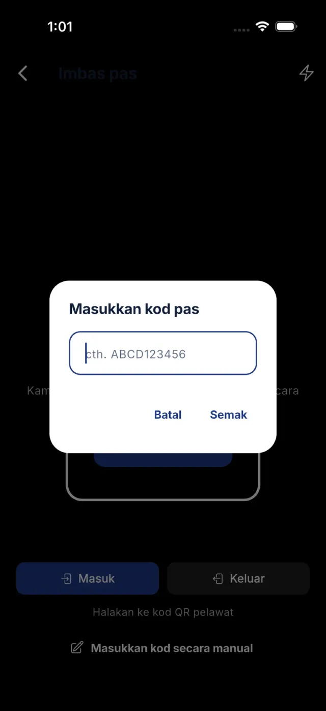 Dialog masukkan kod pas secara manual.