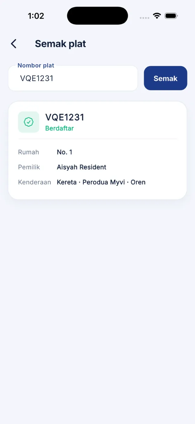 Keputusan semakan plat menunjukkan status Berdaftar dengan butiran pemilik.