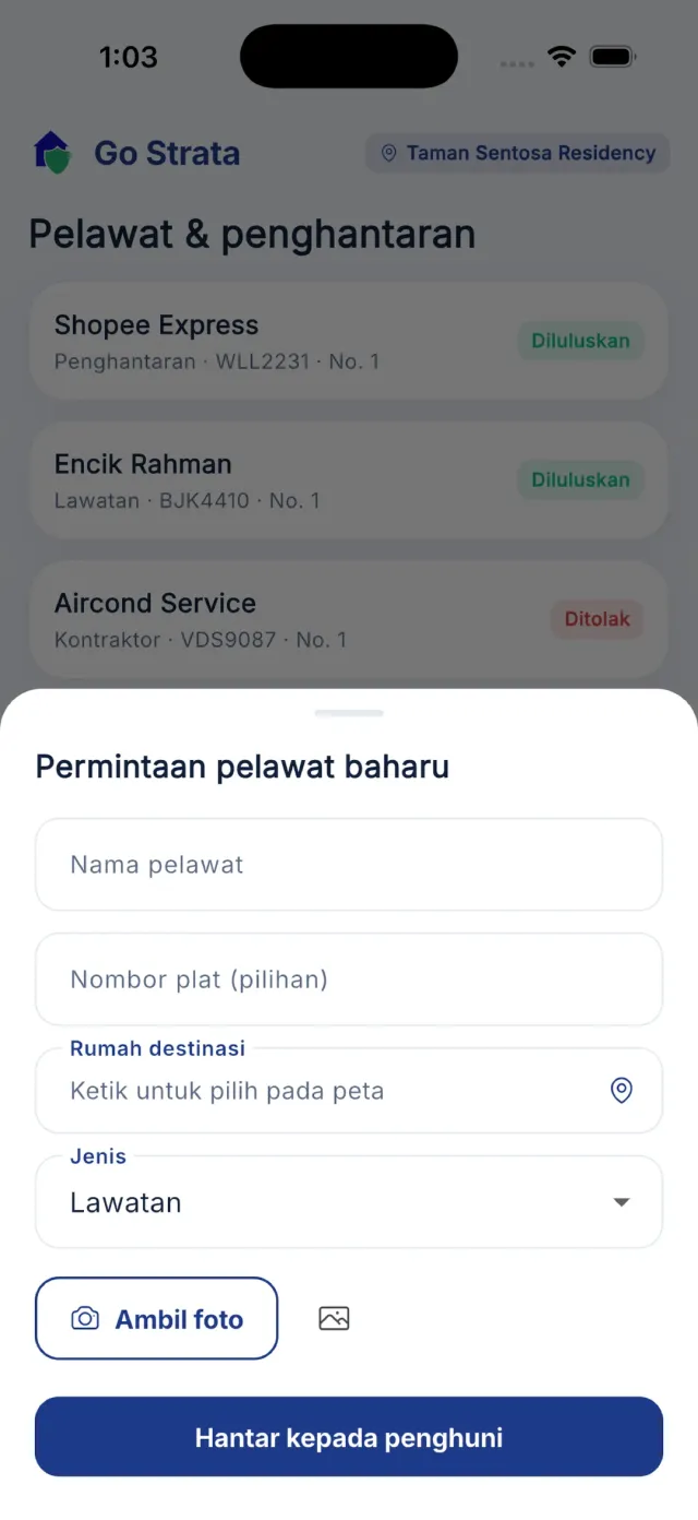 Helaian Permintaan pelawat baharu dengan medan nama dan plat.