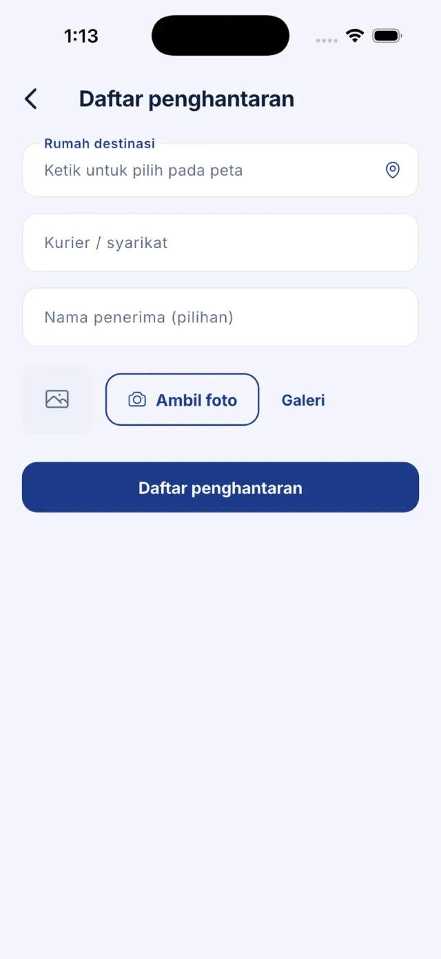 Borang Daftar penghantaran dengan medan rumah destinasi dan syarikat kurier.