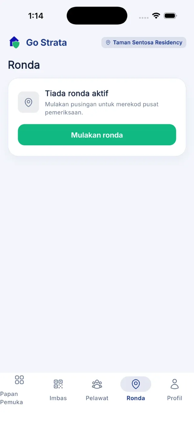 Tab Rondaan sebelum pusingan bermula, dengan senarai pusat pemeriksaan.