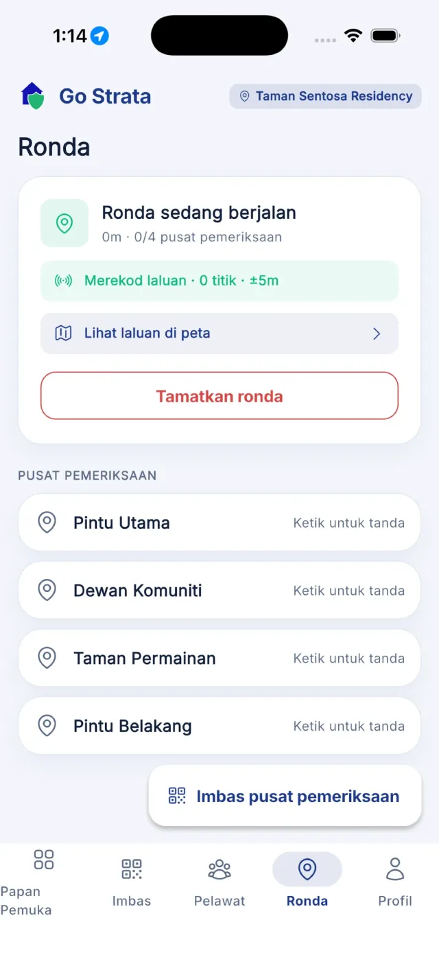Rondaan sedang berjalan dengan masa berlalu dan kiraan pusat pemeriksaan.