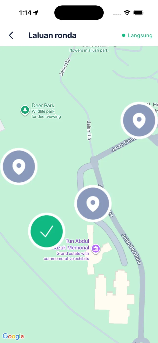 Peta laluan rondaan dengan jejak GPS langsung.