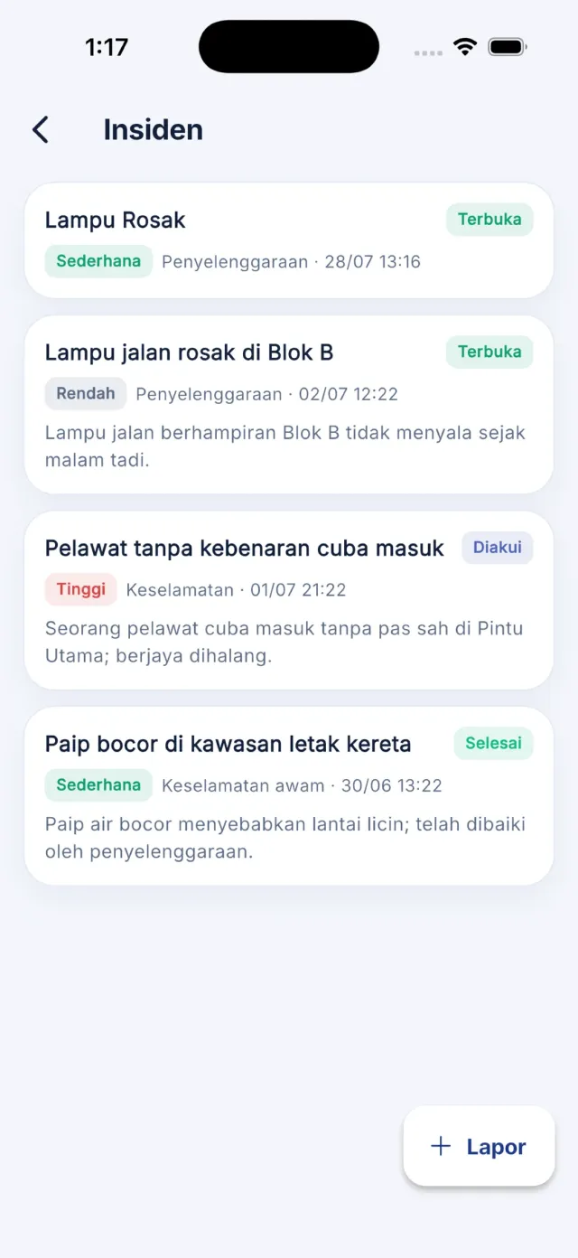 Senarai insiden dengan status Terbuka, Diakui dan Selesai.