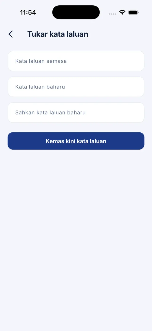 Skrin Tukar kata laluan dengan medan kata laluan semasa, kata laluan baharu dan sahkan kata laluan.