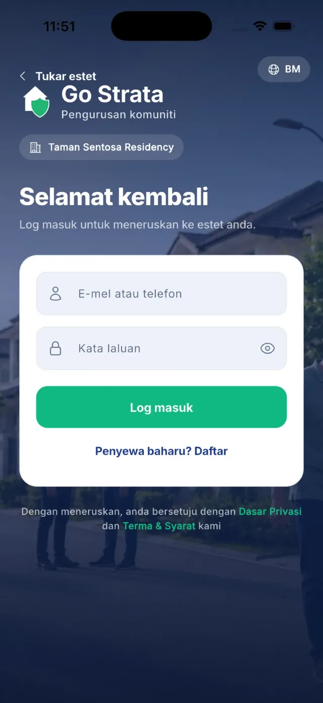 Skrin log masuk dengan pautan Penyewa baharu? Daftar ditonjolkan.
