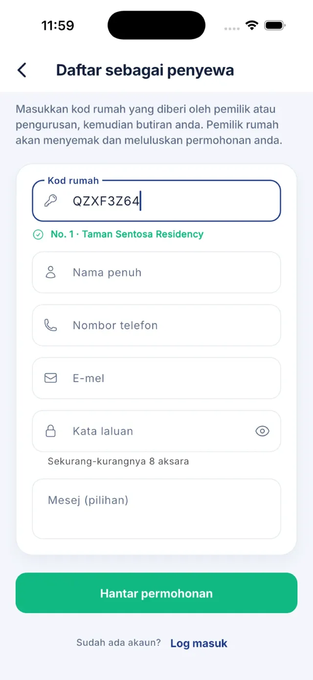 Borang daftar penyewa dengan kod rumah dimasukkan dan pengesahan hijau nama rumah serta estet di bawahnya.
