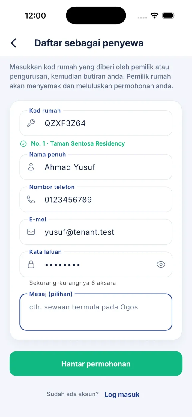 Borang daftar penyewa ditatal ke bawah menunjukkan medan nama, telefon, e-mel, kata laluan dan mesej.