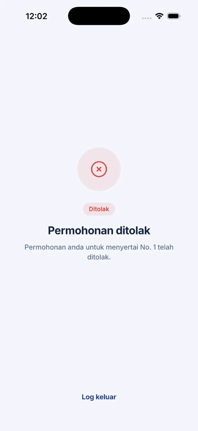 Skrin Permohonan ditolak dengan lencana Ditolak.