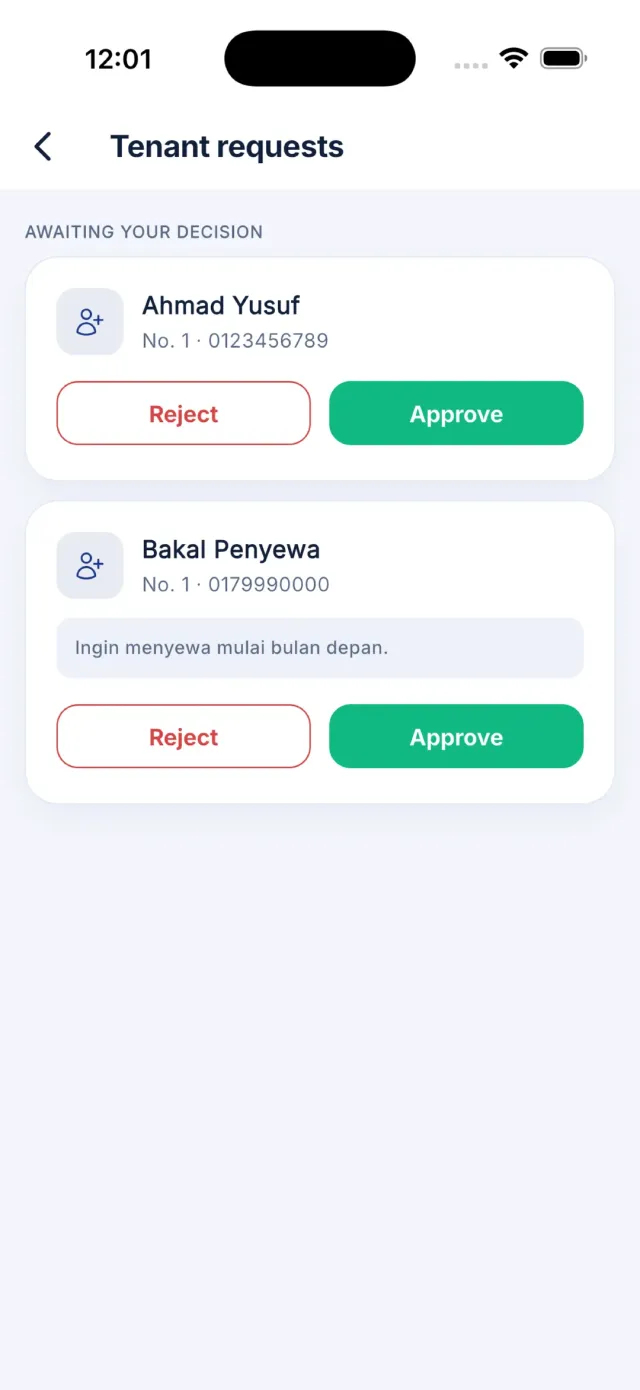 Skrin Permohonan penyewa dengan satu permohonan dan butang Lulus serta Tolak.