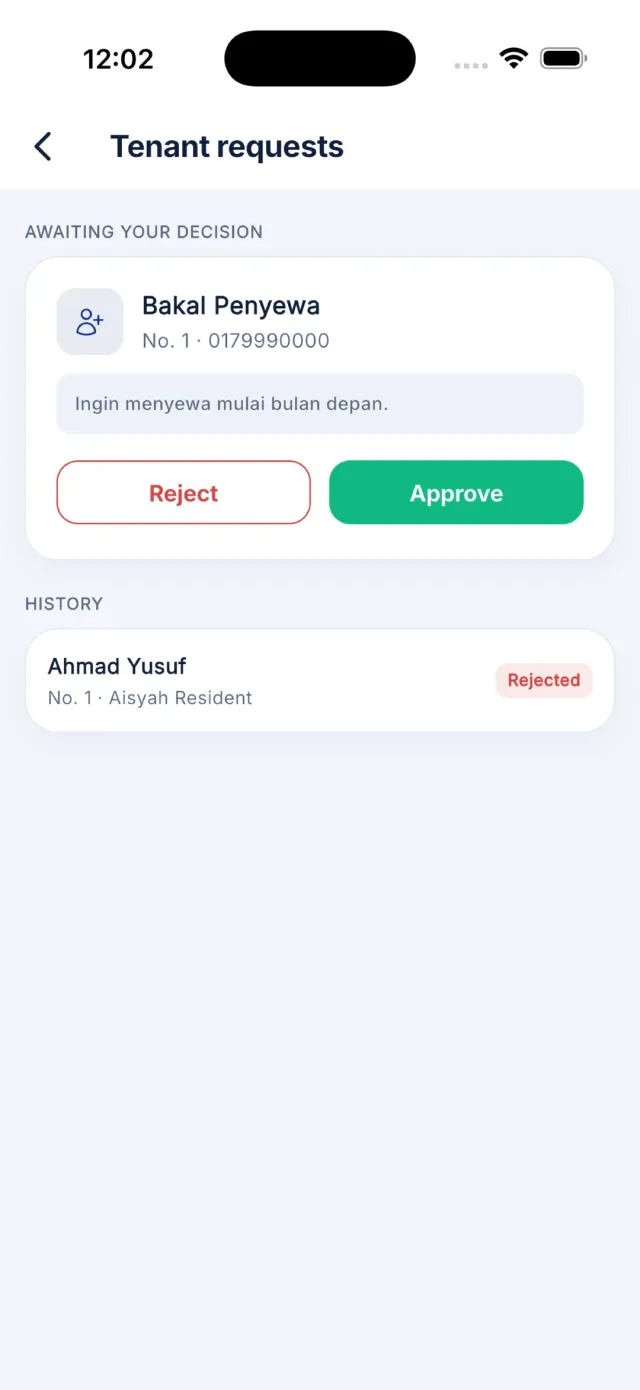 Bahagian Sejarah pada skrin Permohonan penyewa.