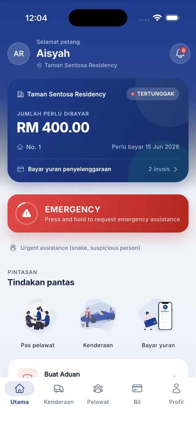 Bahagian atas skrin utama penghuni — ucapan, avatar dan loceng notifikasi.
