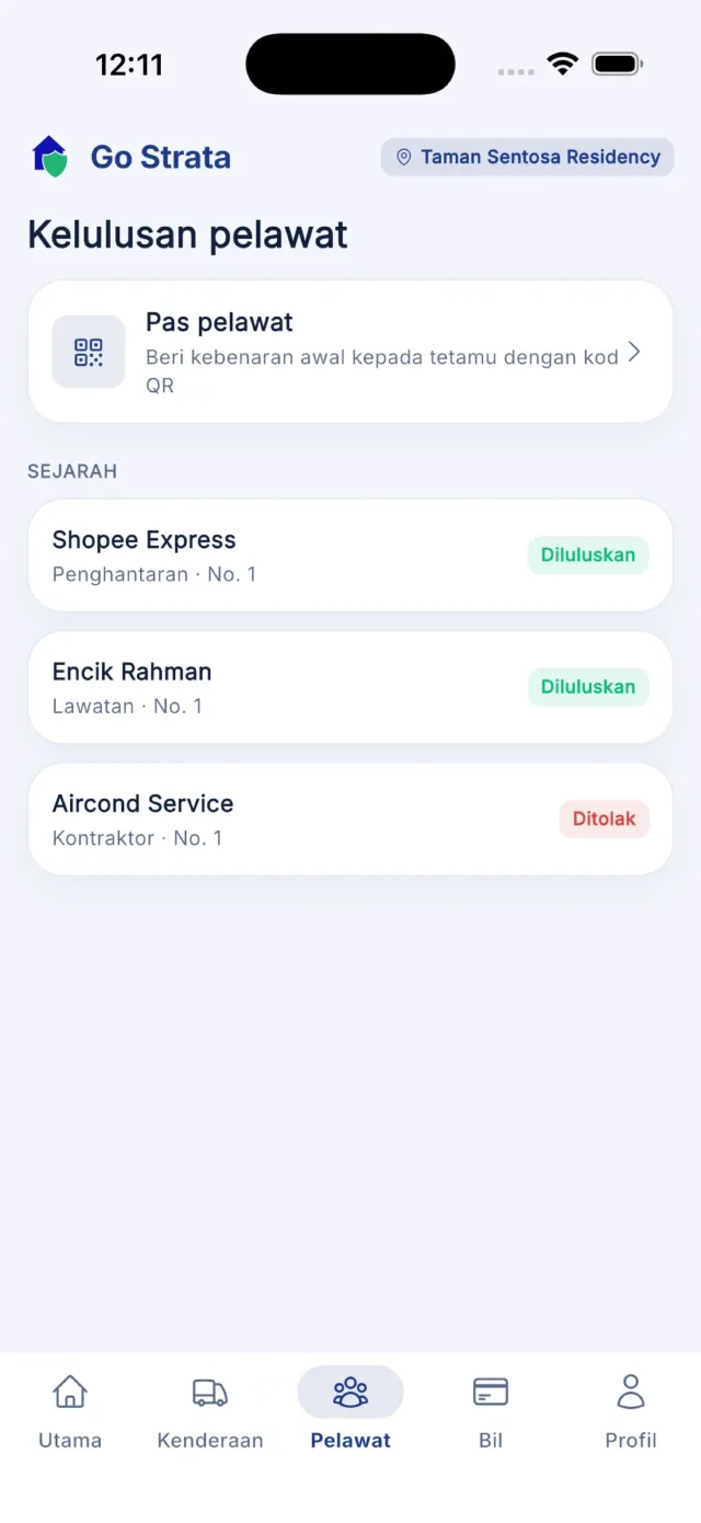 Bahagian Sejarah pada tab Pelawat menunjukkan status Diluluskan dan Ditolak.
