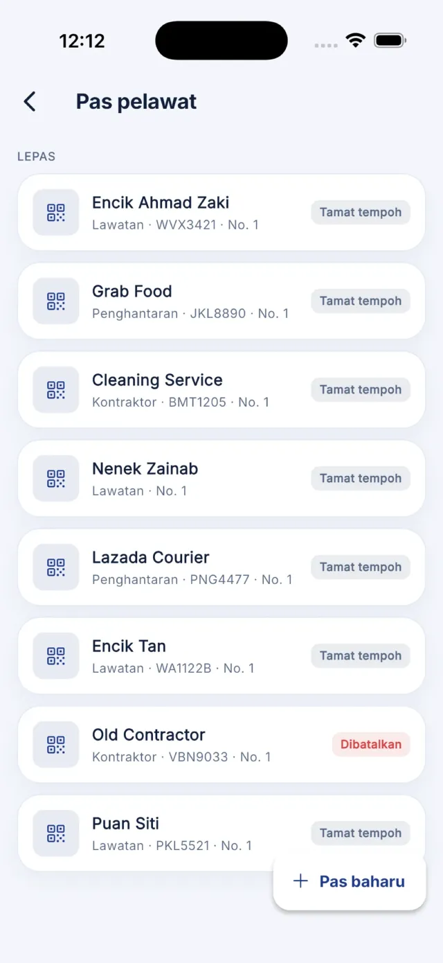 Skrin Pas pelawat dengan senarai pas dan butang Pas baharu.