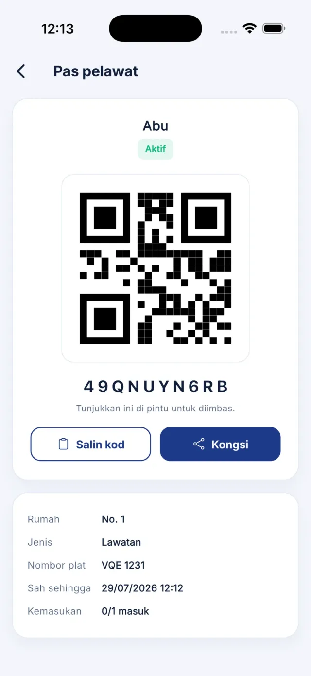Pas pelawat siap dengan kod QR besar serta butang Kongsi dan Salin kod.