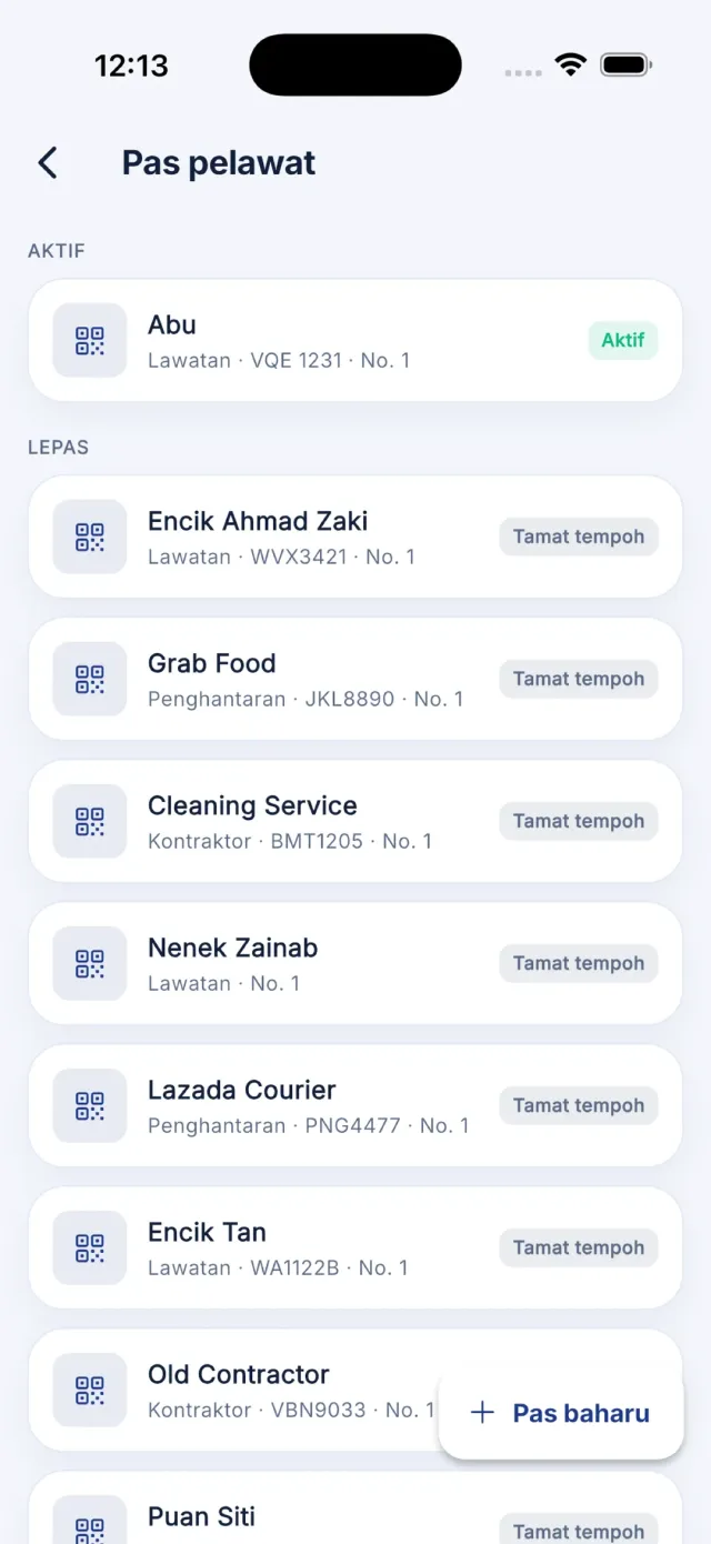 Senarai pas menunjukkan bahagian Aktif dan Lepas.