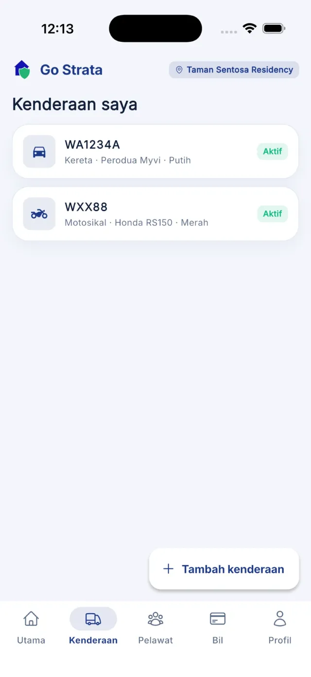 Tab Kenderaan dengan senarai kenderaan berdaftar.