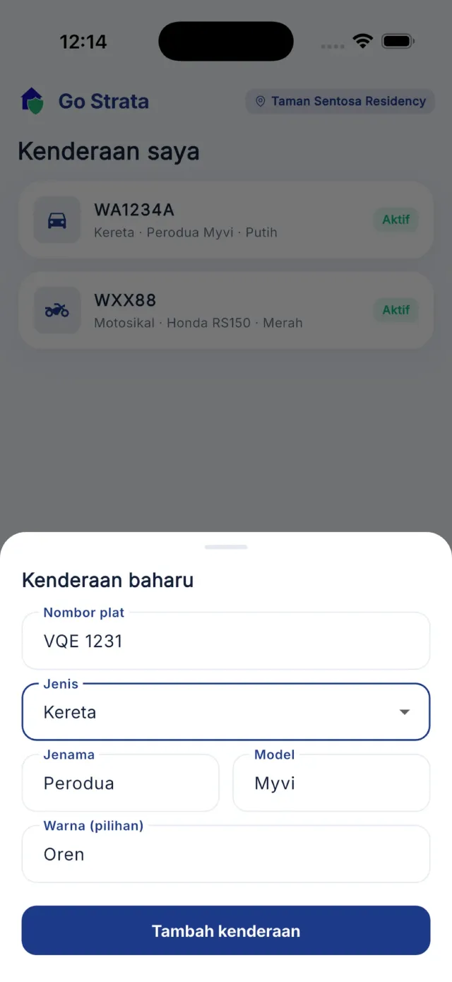 Borang Kenderaan baharu dengan medan plat, jenis, jenama, model dan warna.