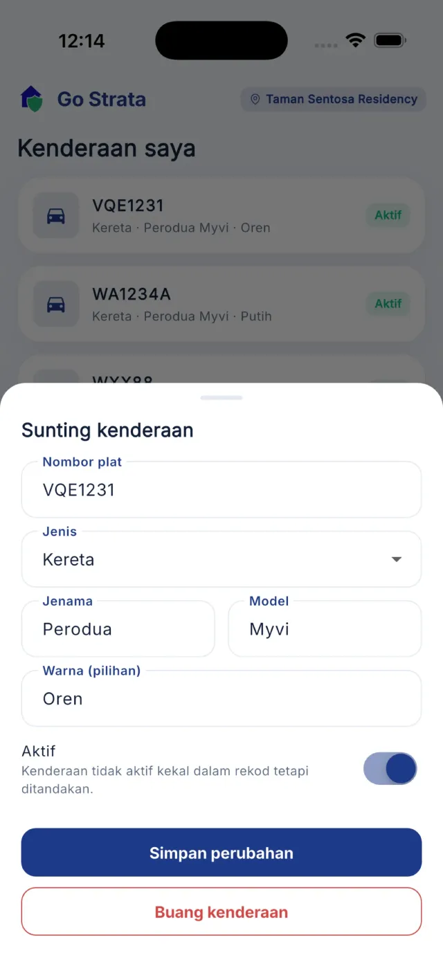 Borang edit kenderaan dengan suis Aktif dan butang Buang kenderaan.
