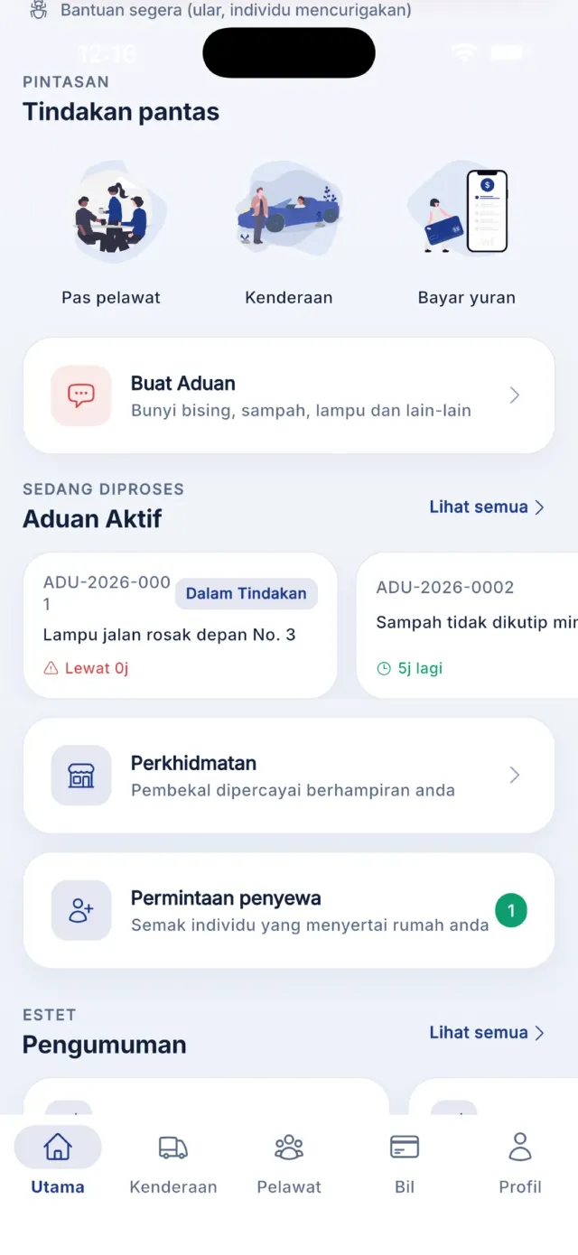 Kad Buat aduan di skrin utama penghuni.