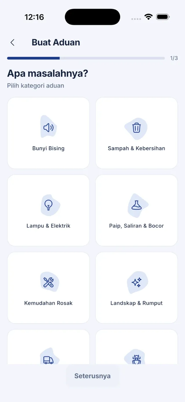 Wizard aduan langkah 1 daripada 3 — grid pilihan kategori.