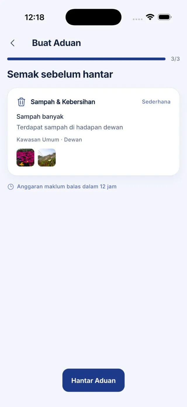 Wizard aduan langkah 3 daripada 3 — skrin semakan dengan butang Hantar aduan.