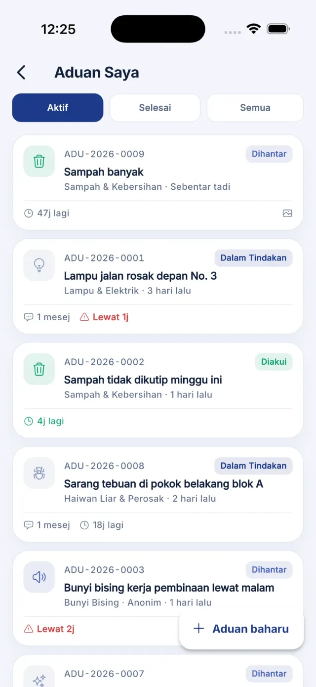 Senarai Aduan saya dengan tapisan Aktif, Selesai dan Semua.