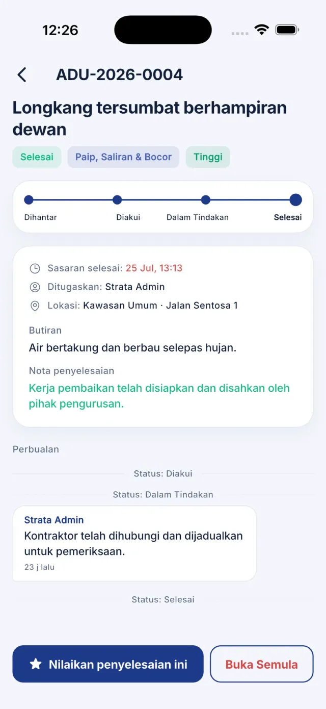 Dialog penilaian bintang selepas aduan diselesaikan.