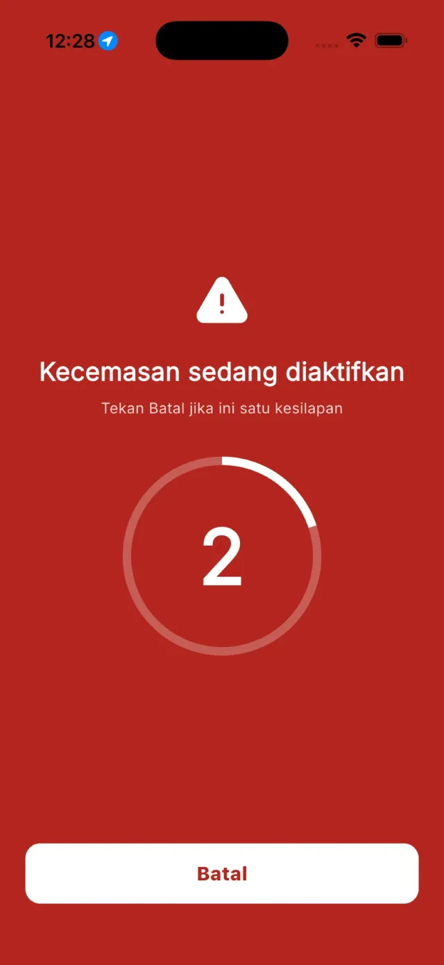 Skrin kira detik kecemasan dengan cincin kira detik dan butang Batal.