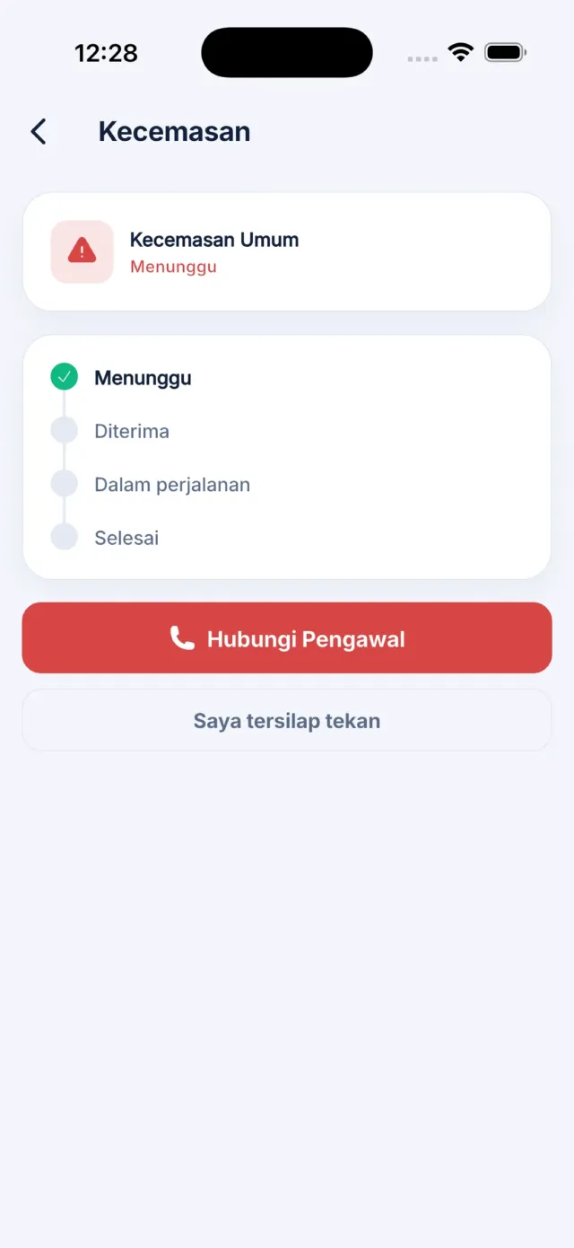 Skrin status kecemasan menunjukkan pengawal bertindak balas dan butang Hubungi Keselamatan.