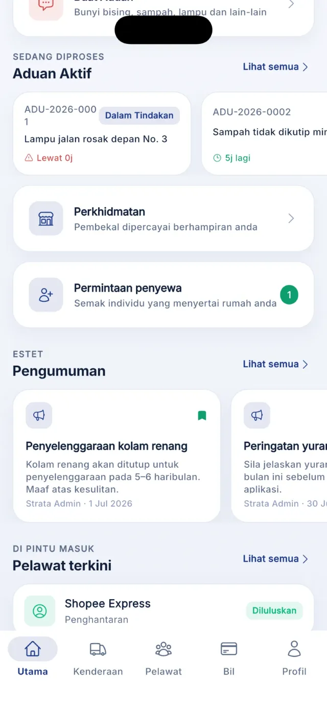 Bahagian Pengumuman di skrin utama dengan pautan Lihat semua.