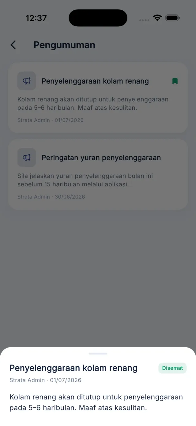 Skrin senarai Pengumuman dengan satu pengumuman disemat.