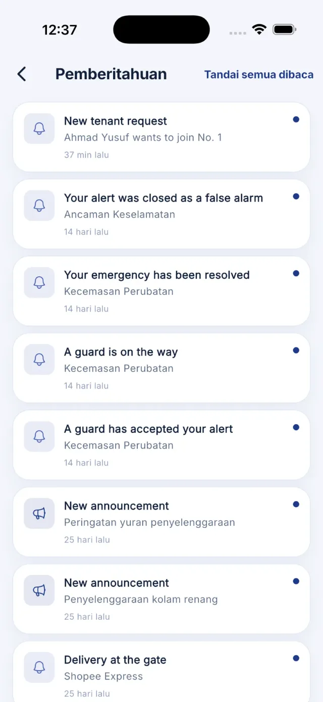 Pusat notifikasi dengan butang Tanda semua dibaca.