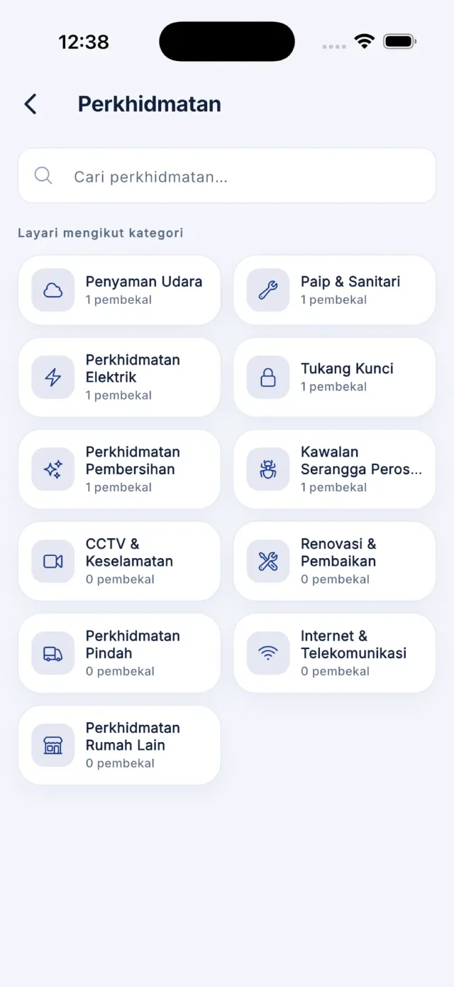 Skrin Direktori servis dengan jubin kategori dan ruang carian.