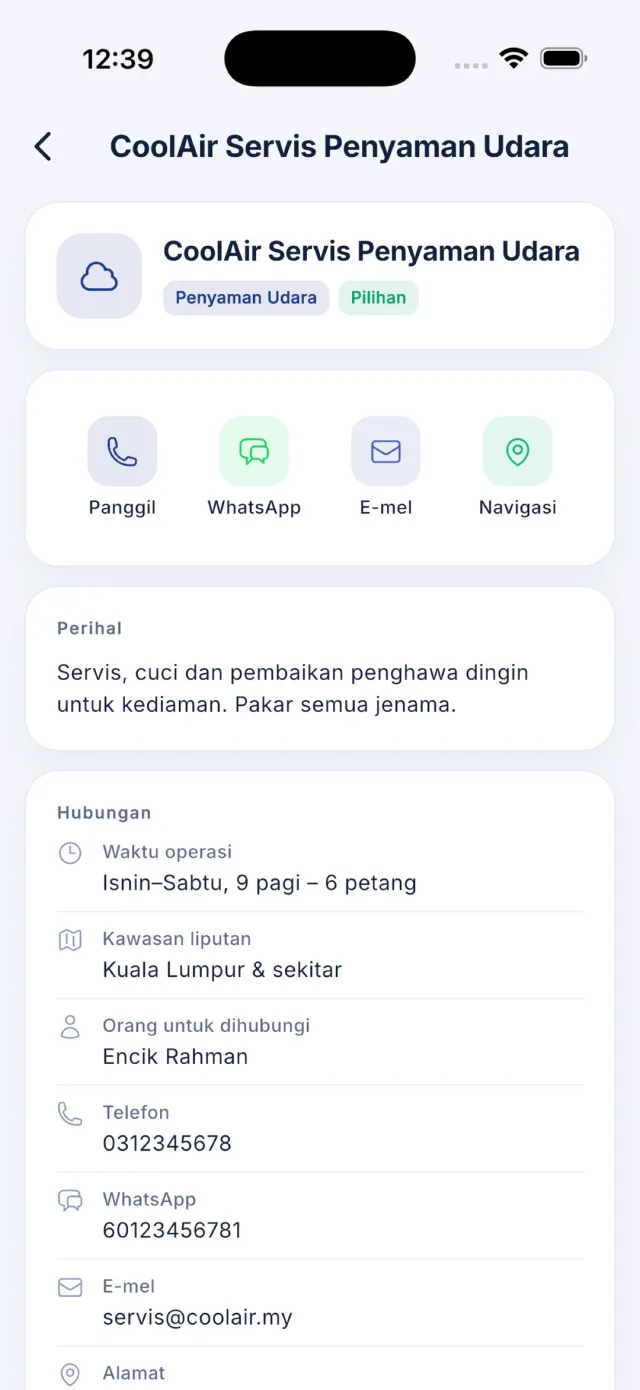 Skrin butiran penyedia dengan butang Panggil, WhatsApp dan Navigasi.