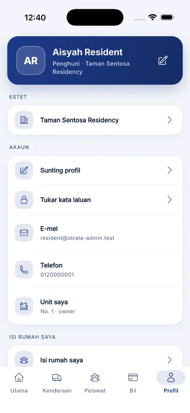 Tab Profil dengan kad pengguna dan senarai menu.